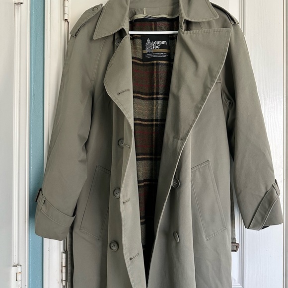 Vintage London Fog Khaki Double Breasted Trench Coat Size 12 Petite Plaid Lined - Picture 4 of 6